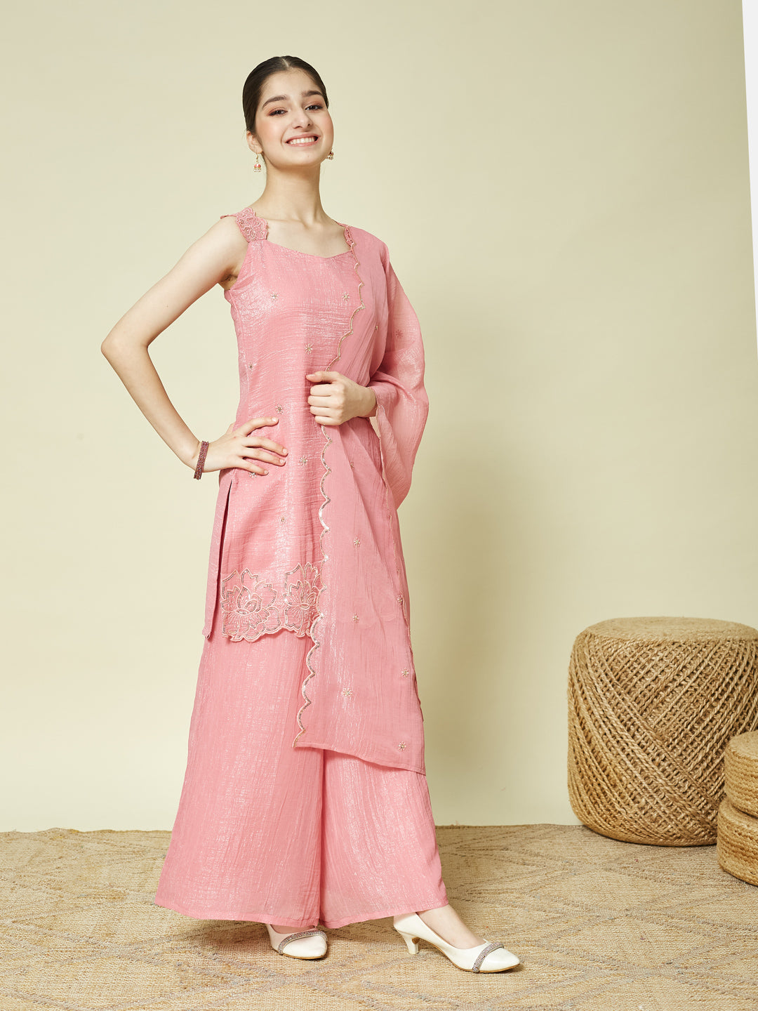 Pink Silk Embroidered Kurta Palazzo Set with Dupatta for Girls