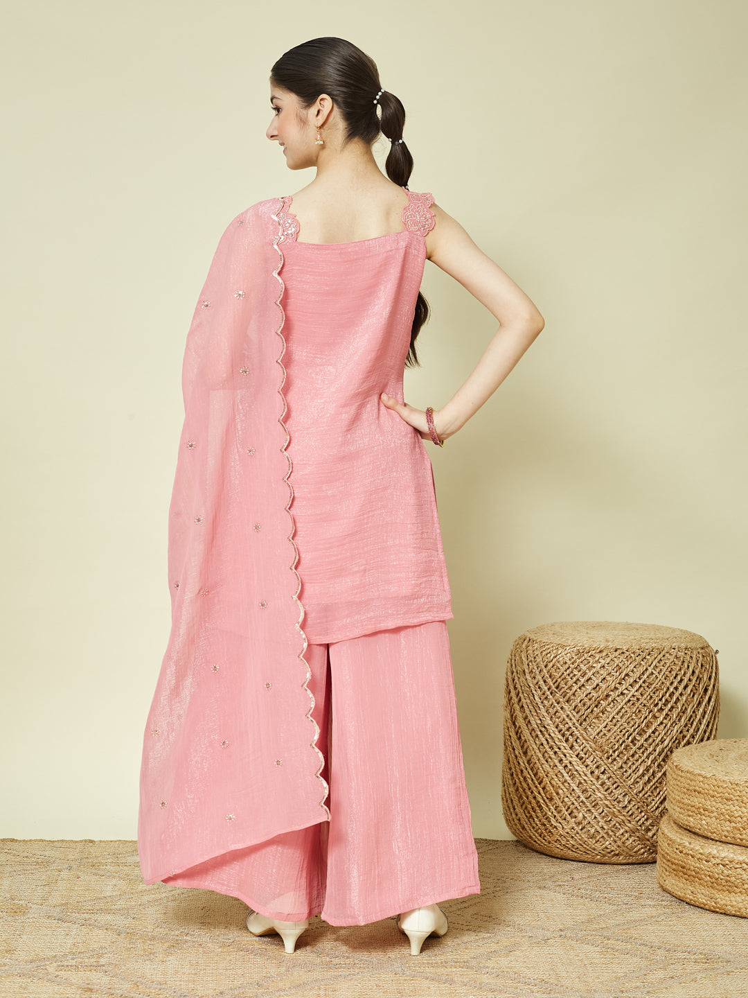 Pink Silk Embroidered Kurta Palazzo Set with Dupatta for Girls