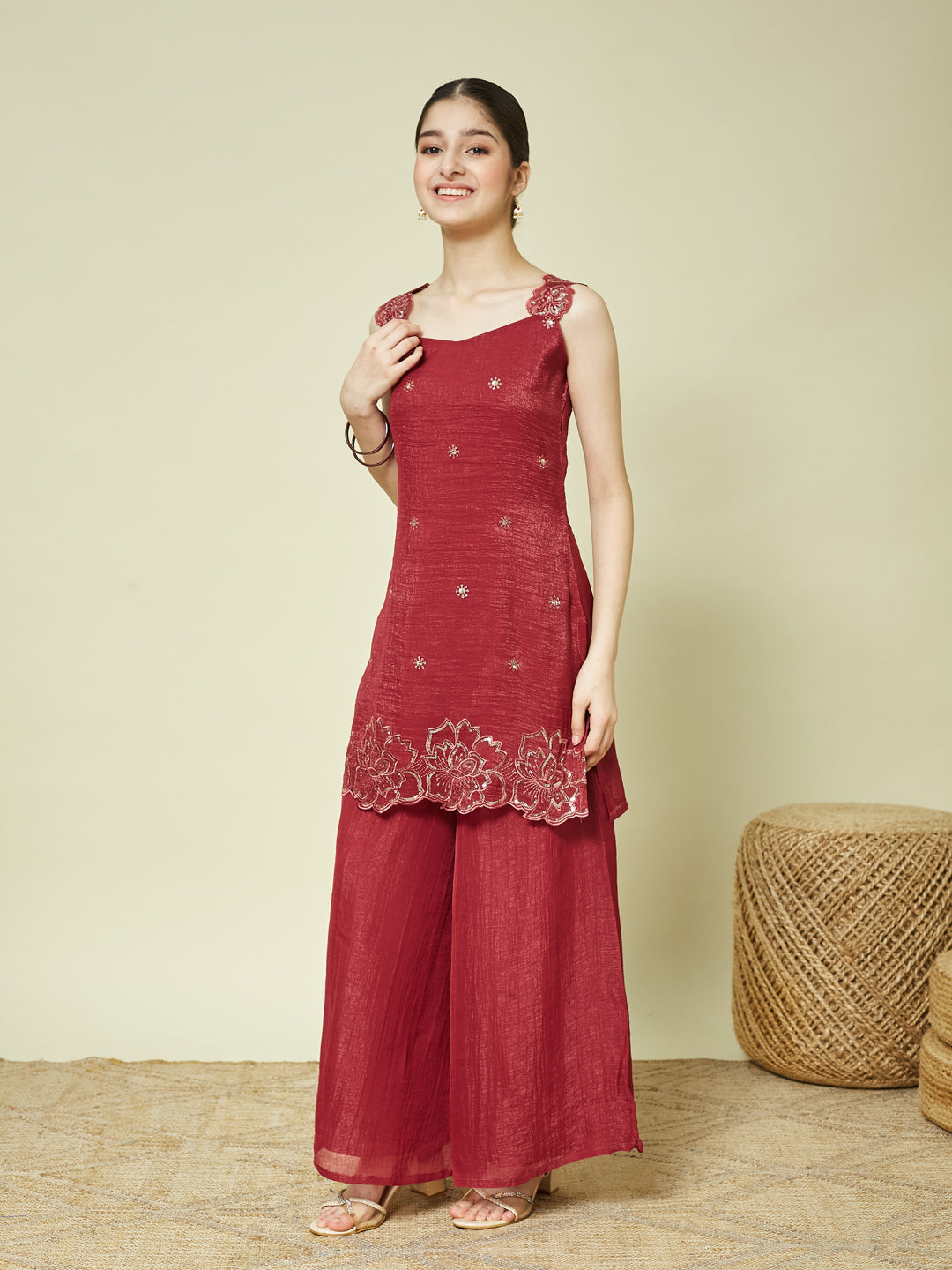 Maroon Silk Embroidered Kurta Palazzo Set with Dupatta for Girls