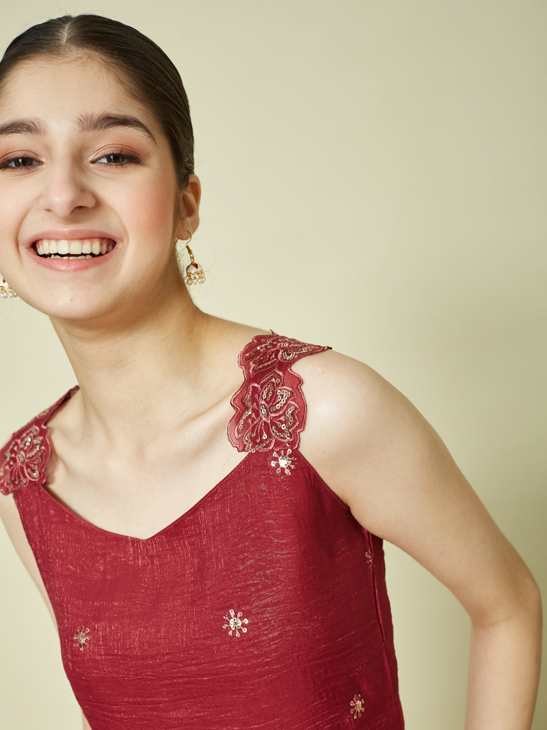 Maroon Silk Embroidered Kurta Palazzo Set with Dupatta for Girls