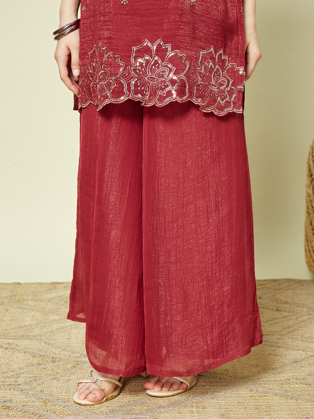 Maroon Silk Embroidered Kurta Palazzo Set with Dupatta for Girls