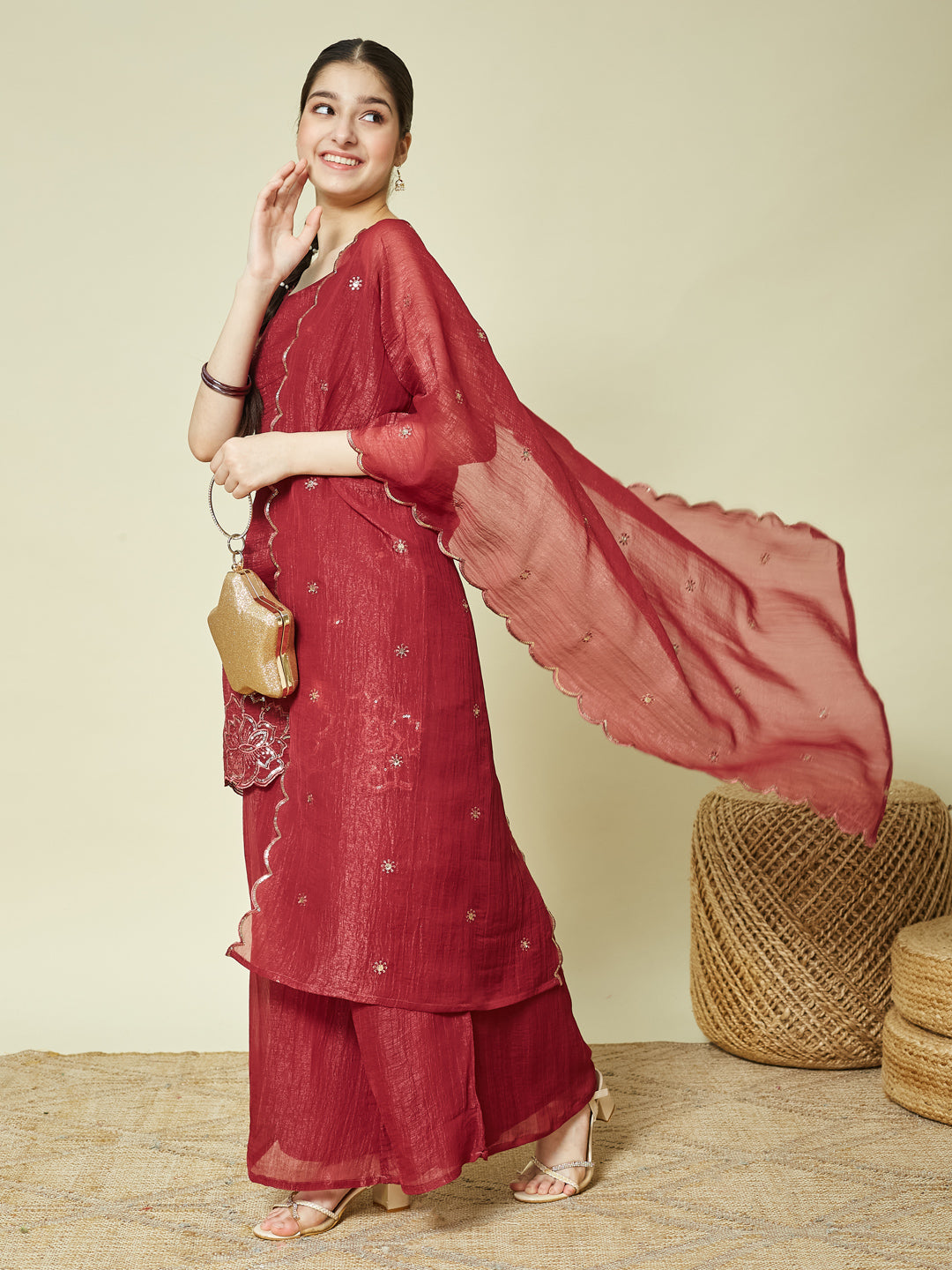 Maroon Silk Embroidered Kurta Palazzo Set with Dupatta for Girls