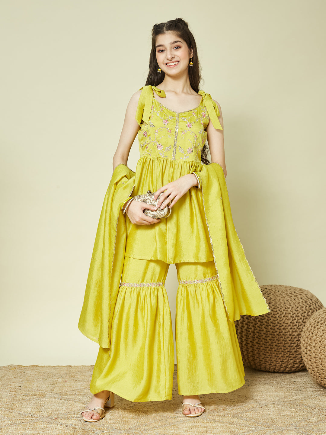 Yellow Silk Embroidered Kurta Sharara Set with Dupatta for Girls