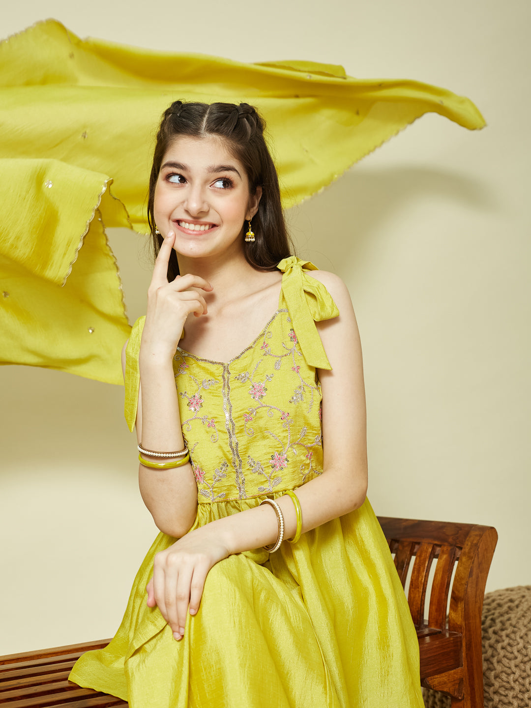 Yellow Silk Embroidered Kurta Sharara Set with Dupatta for Girls