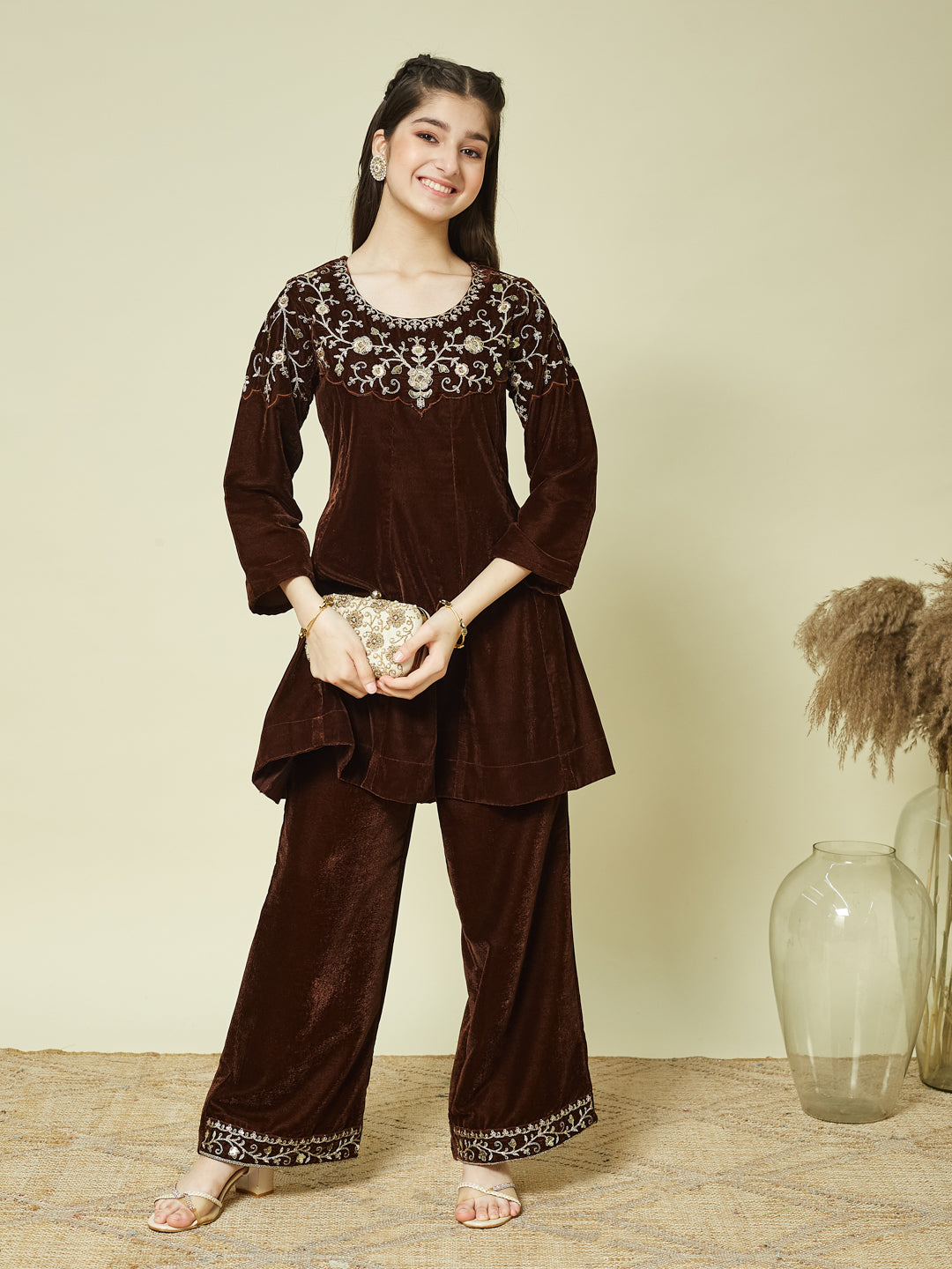 Coffee Velvet Embroidered co-ords for girls