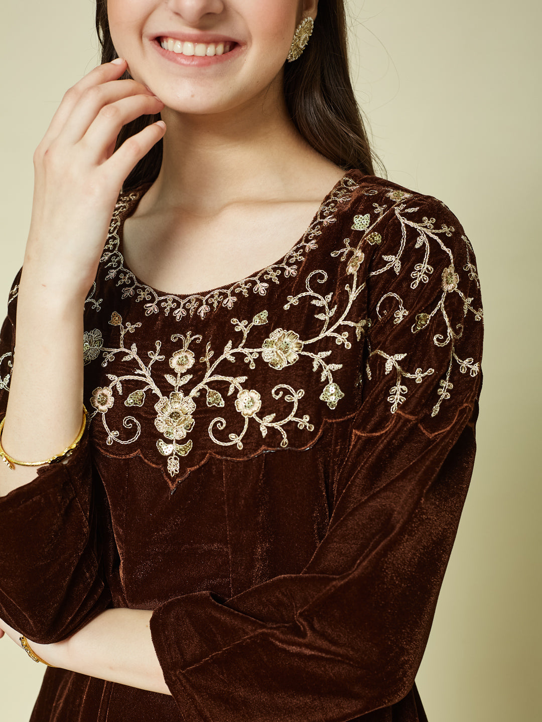 Coffee Velvet Embroidered co-ords for girls