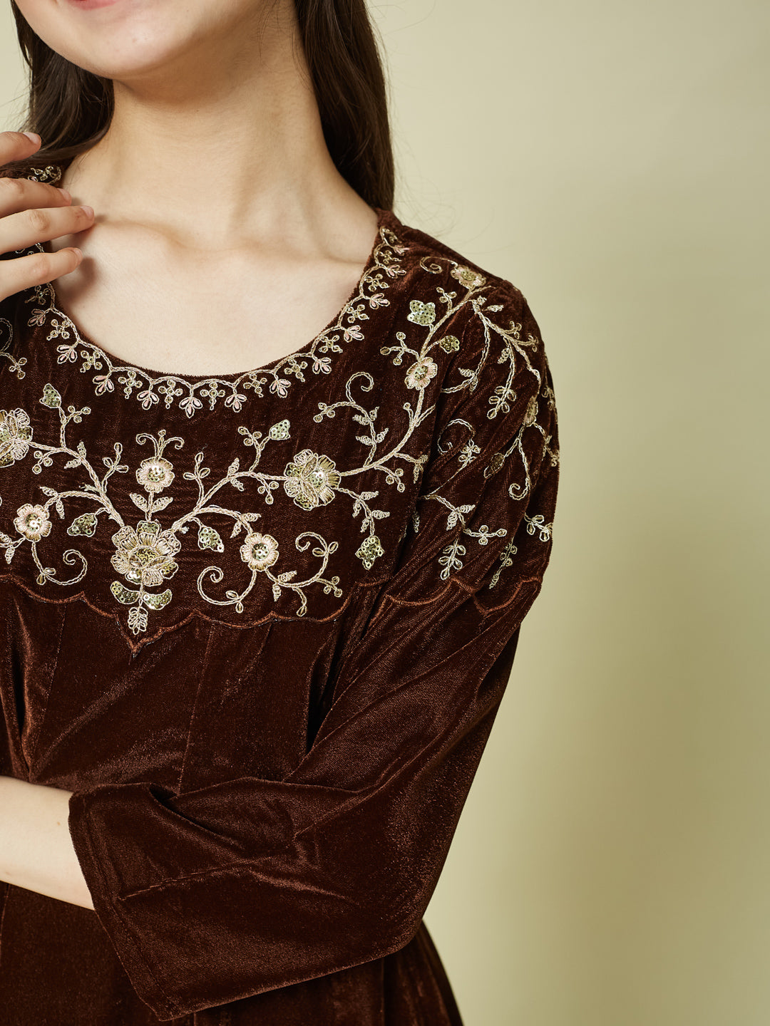 Coffee Velvet Embroidered co-ords for girls