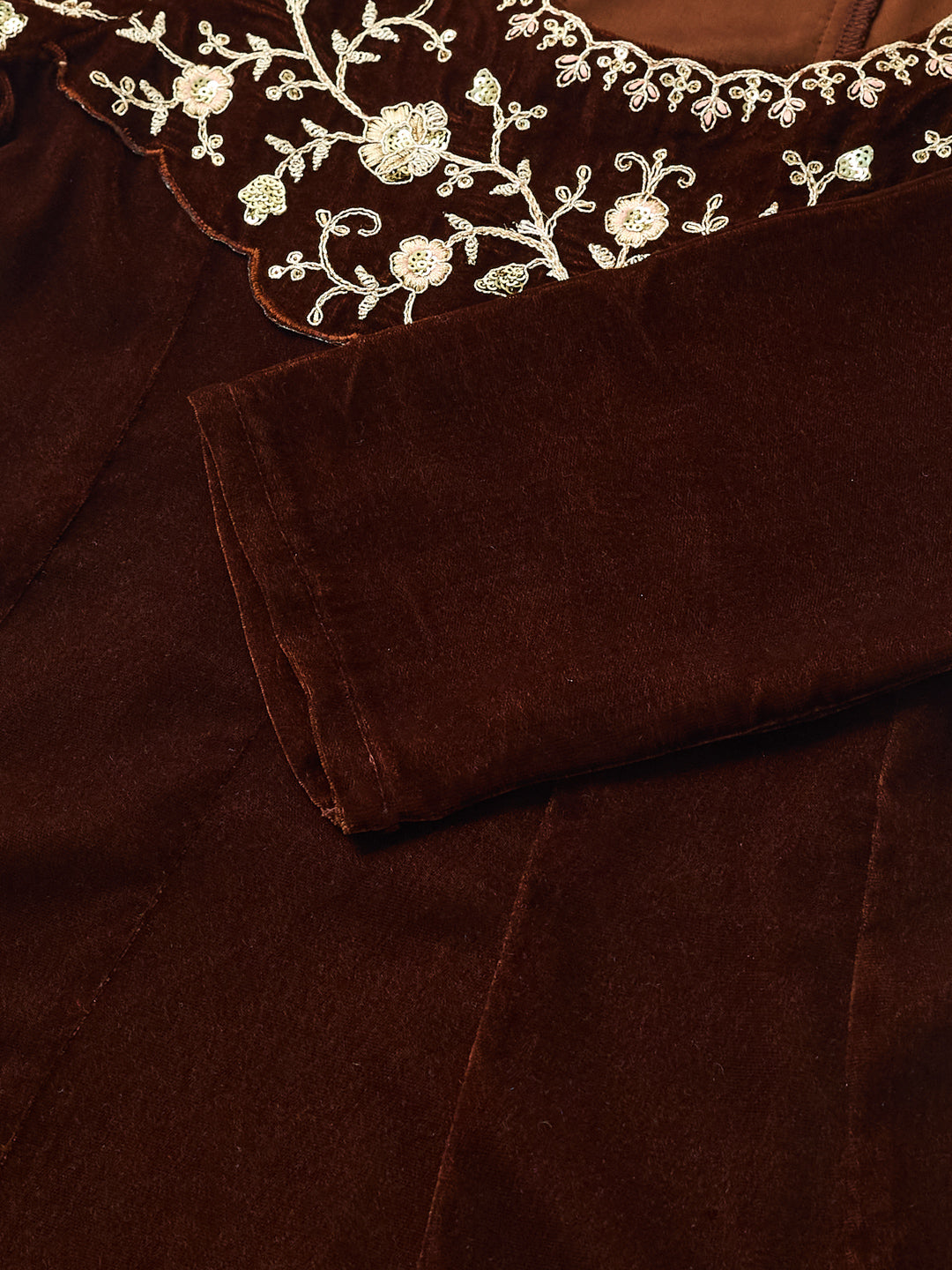 Coffee Velvet Embroidered co-ords for girls