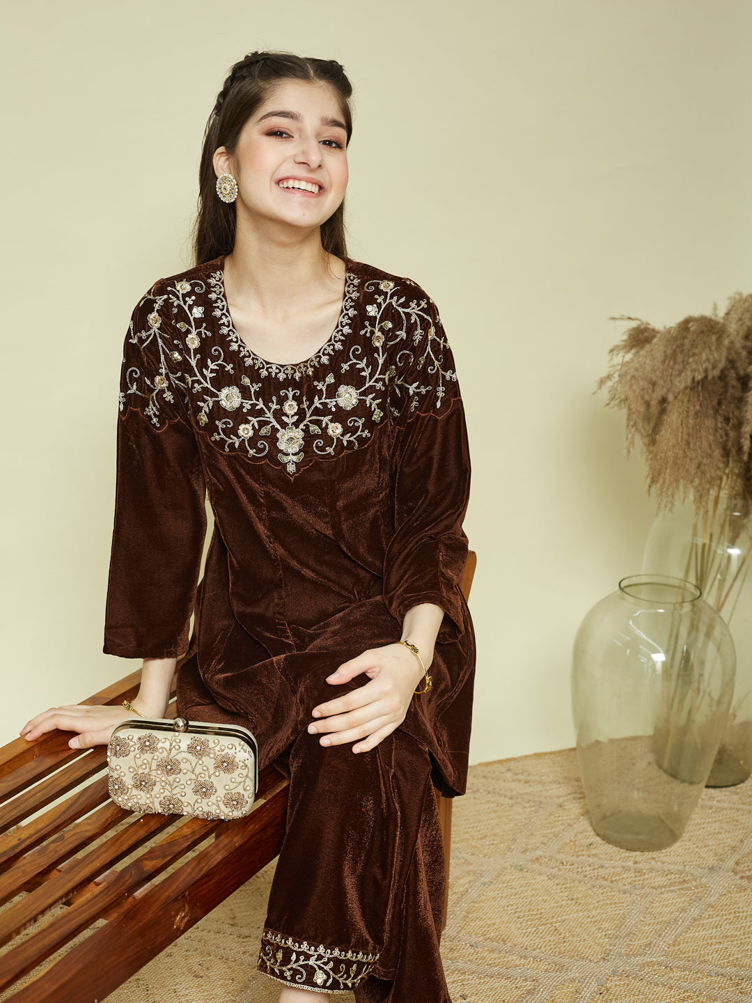 Coffee Velvet Embroidered co-ords for girls