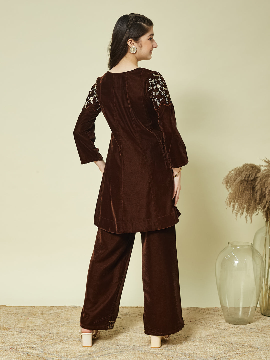 Coffee Velvet Embroidered co-ords for girls