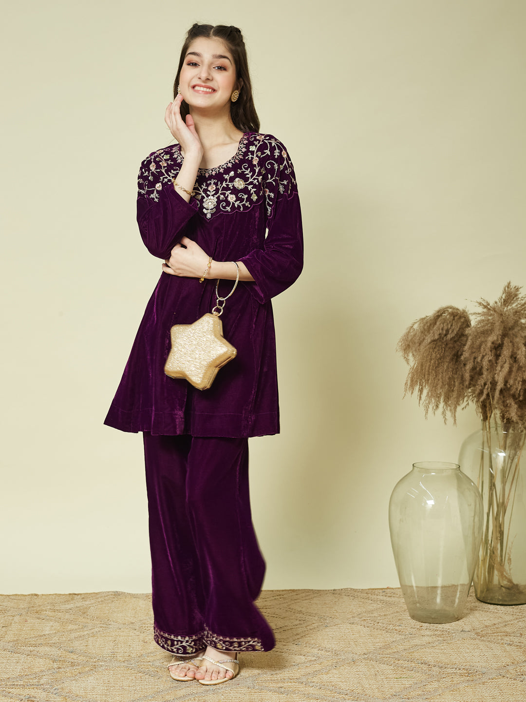 Violet Velvet Embroidered co-ords for girls