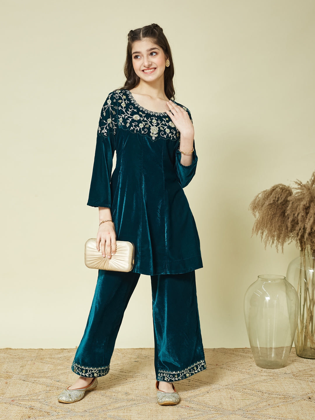 Teal blue Velvet Embroidered co-ords for girls