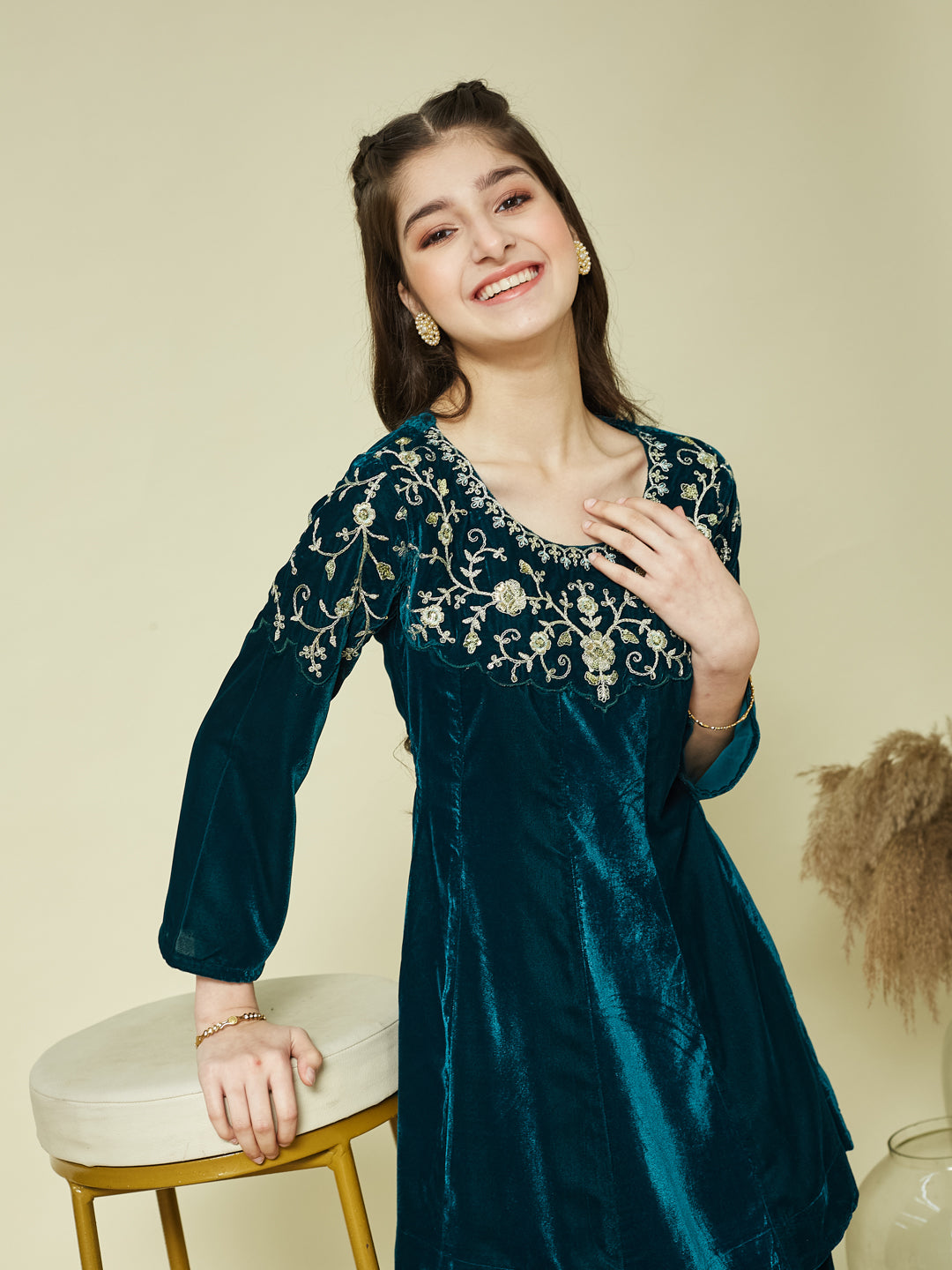 Teal blue Velvet Embroidered co-ords for girls