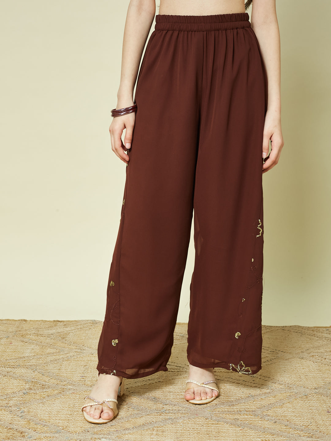 Coffee Georgette Embroidered Kurta Palazzo & Dupatta Set for Girls