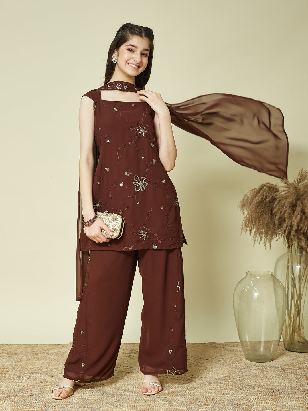 Coffee Georgette Embroidered Kurta Palazzo & Dupatta Set for Girls