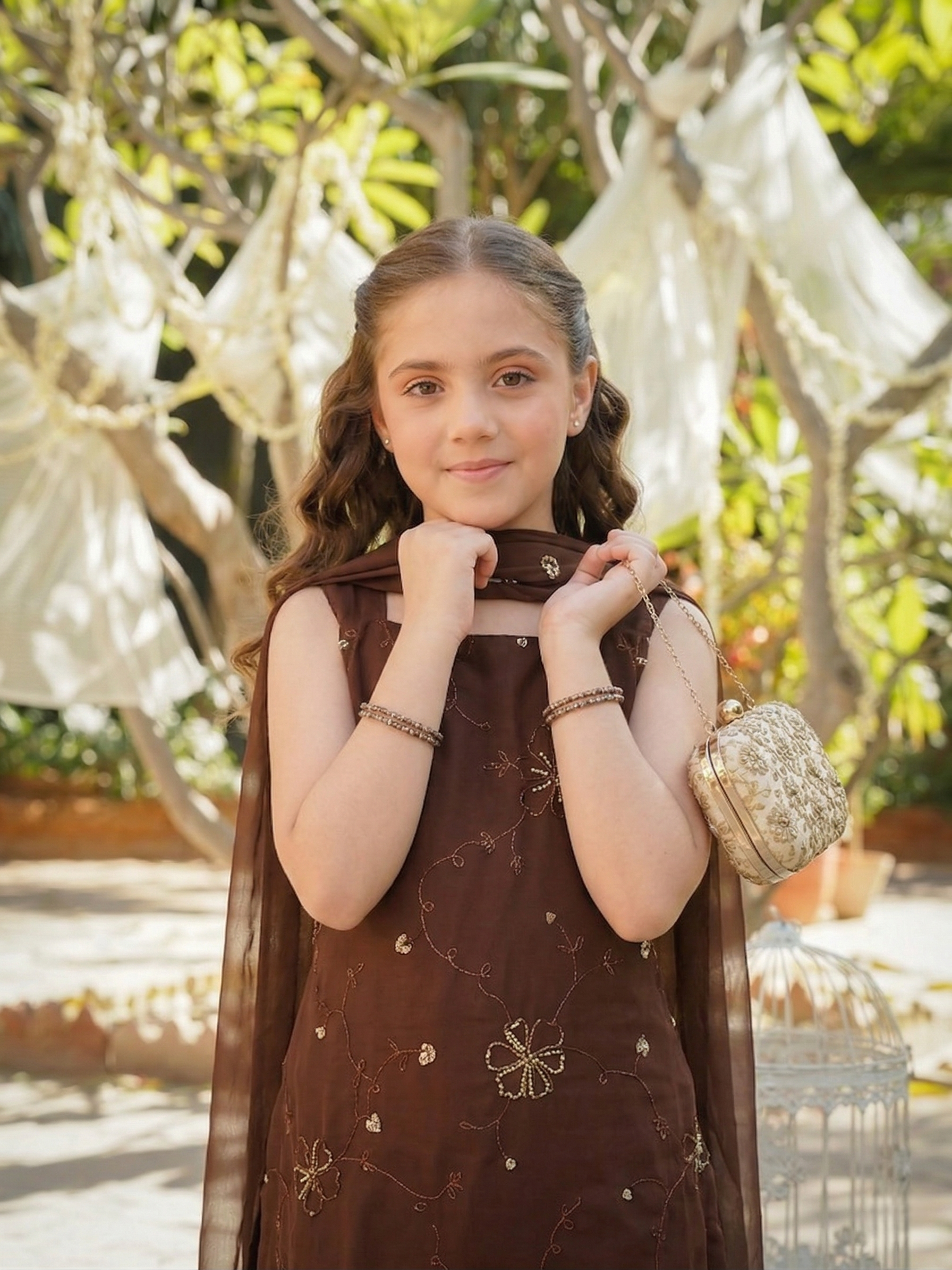 Coffee Georgette Embroidered Kurta Palazzo & Dupatta Set for Girls