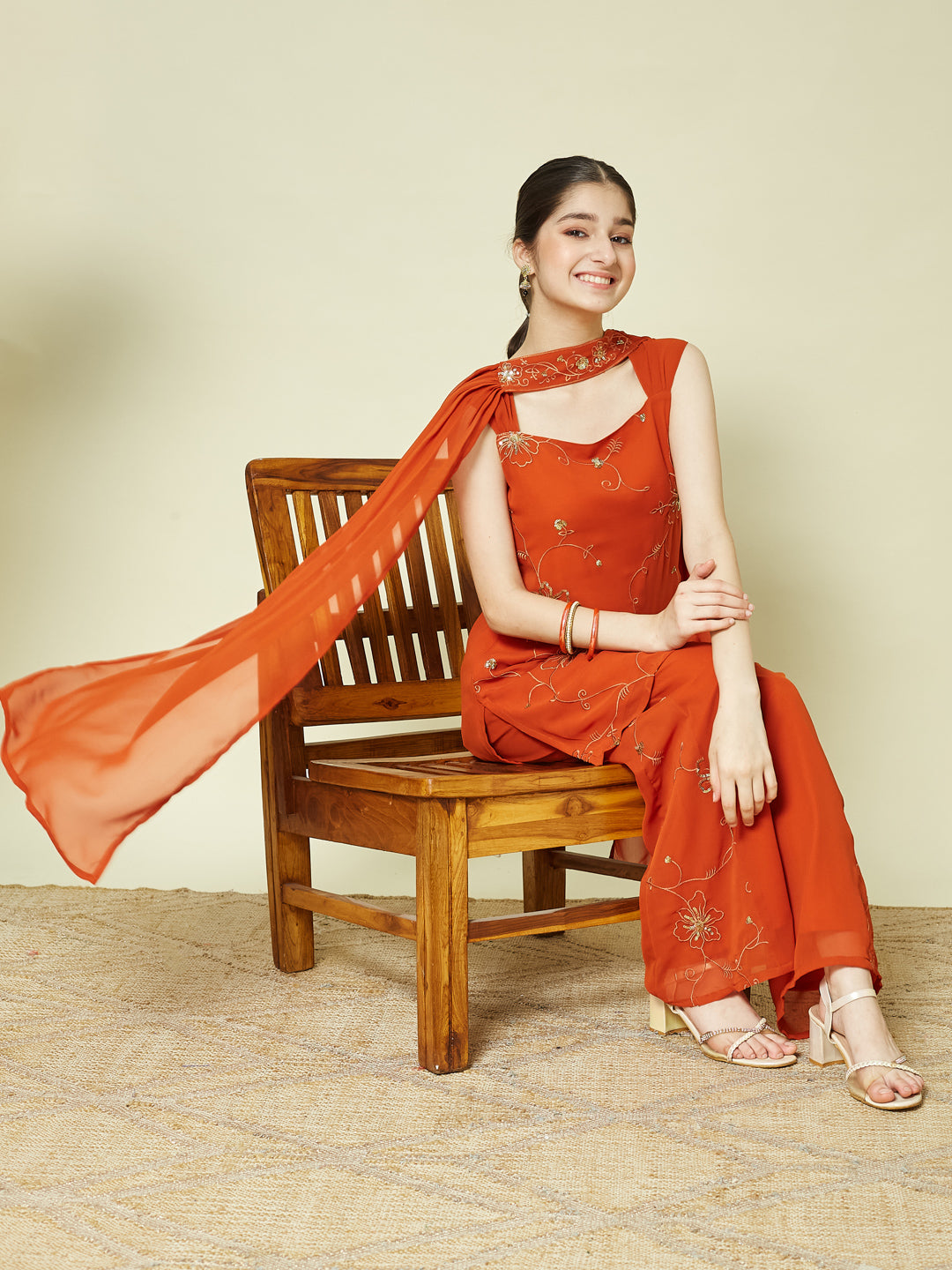 Orange Georgette Embroidered Kurta Palazzo & Dupatta Set for Girls
