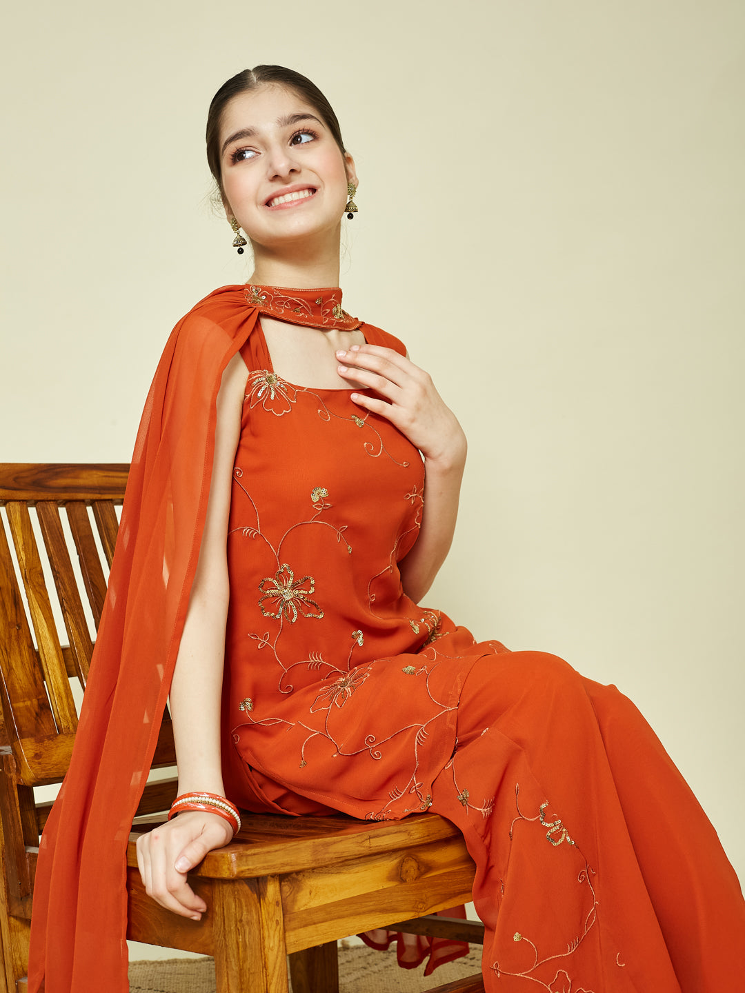 Orange Georgette Embroidered Kurta Palazzo & Dupatta Set for Girls