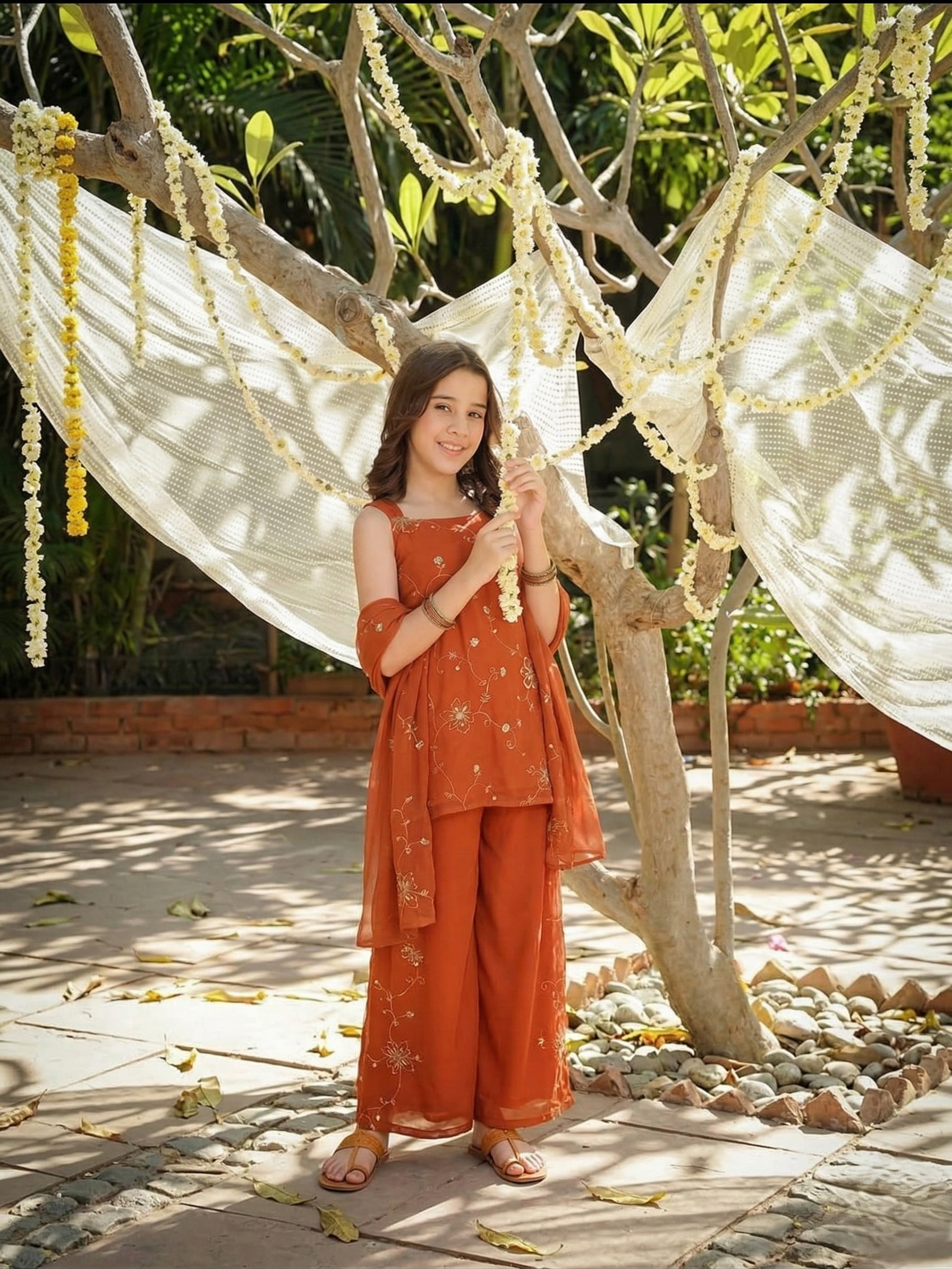 Orange Georgette Embroidered Kurta Palazzo & Dupatta Set for Girls