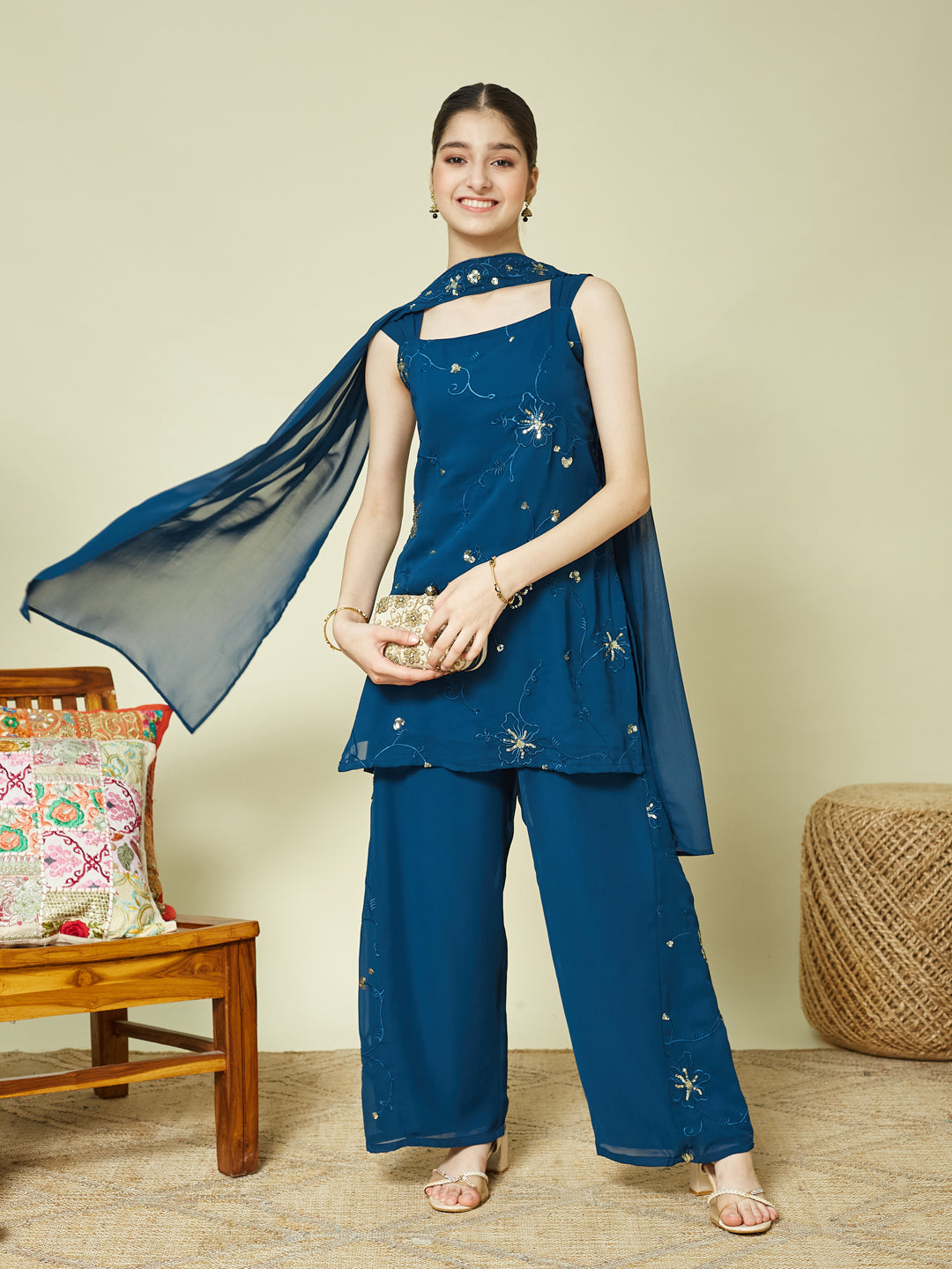 Blue Georgette Embroidered Kurta Palazzo & Dupatta Set for Girls