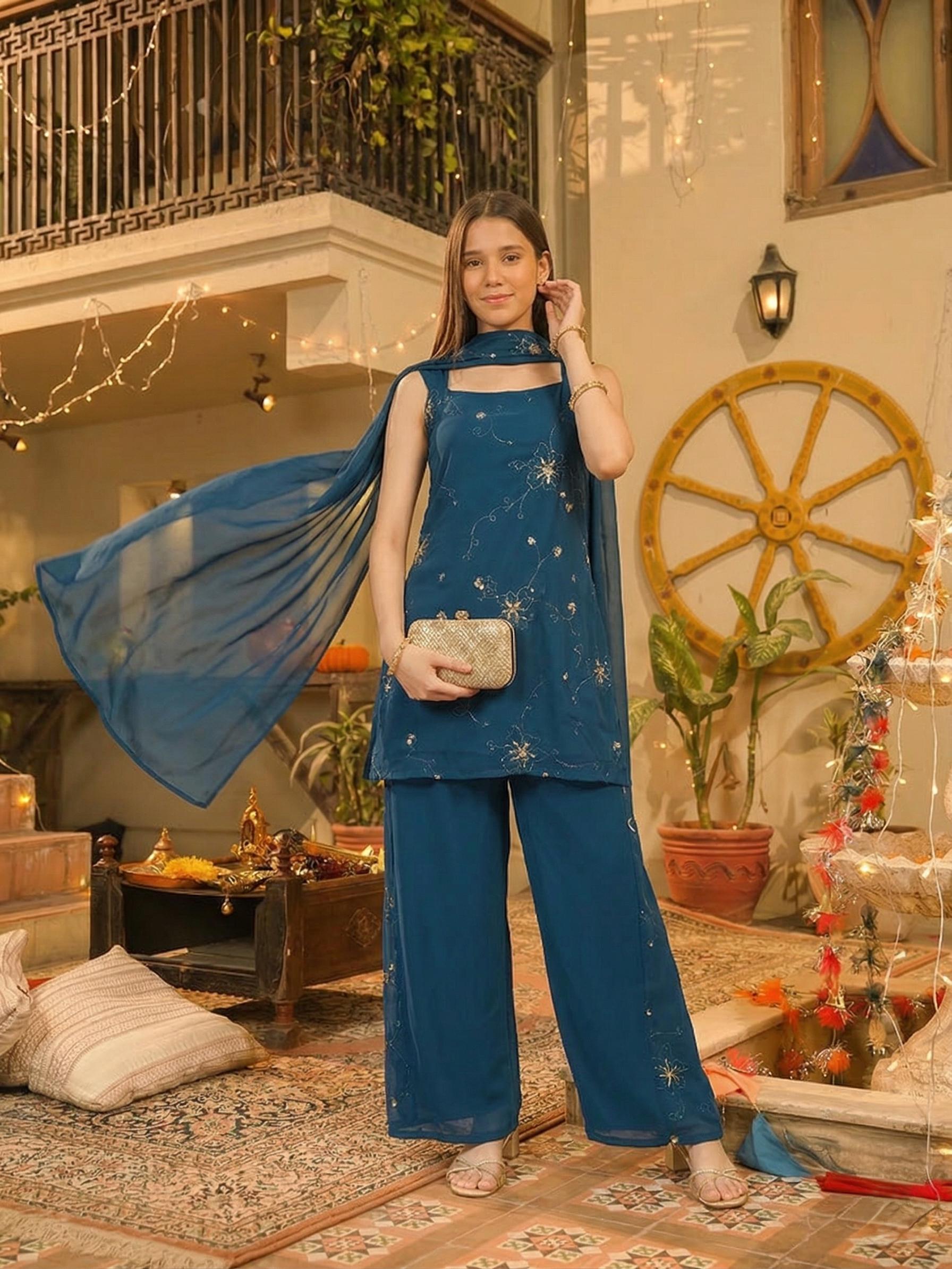 Blue Georgette Embroidered Kurta Palazzo & Dupatta Set for Girls