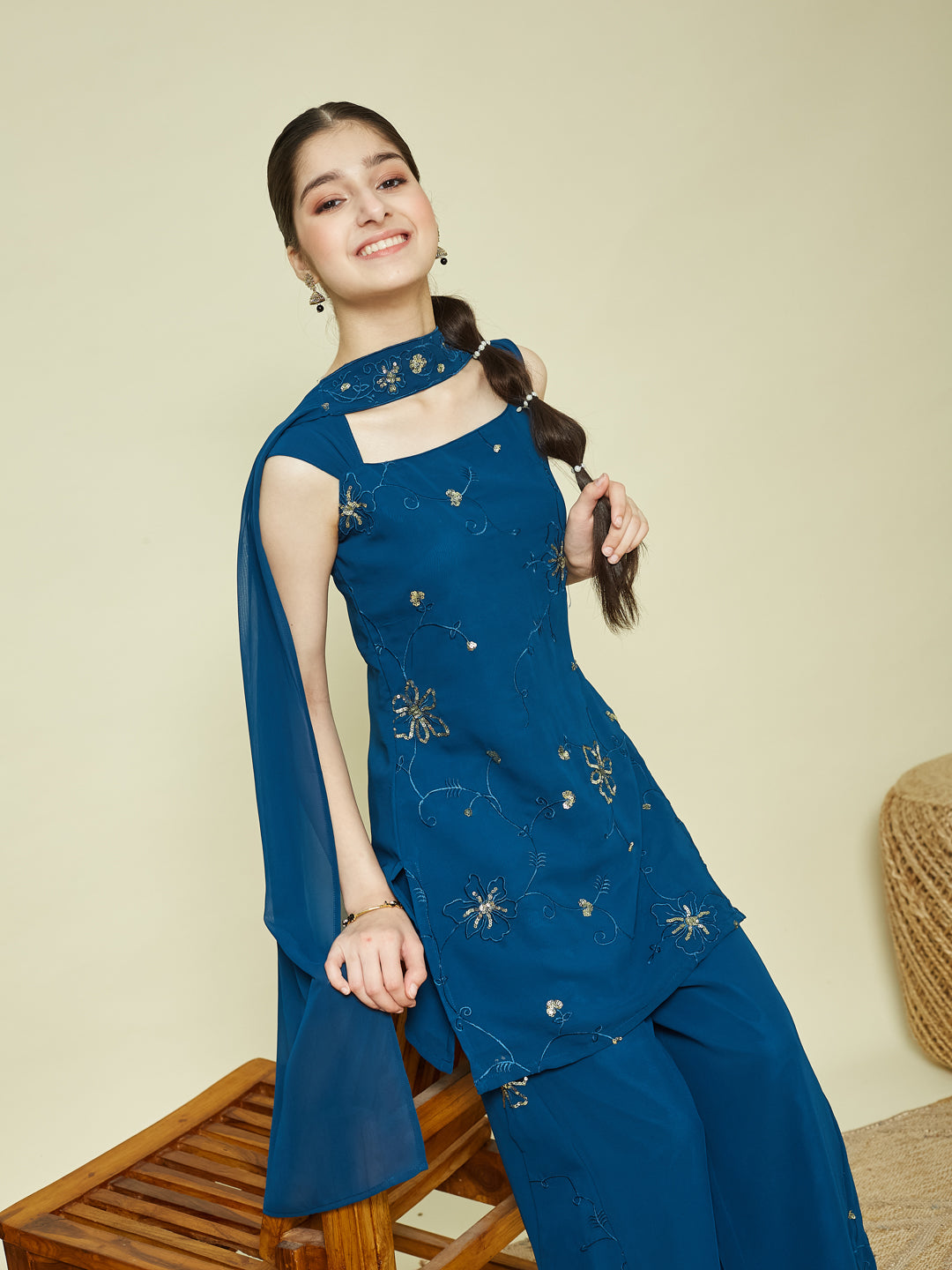 Blue Georgette Embroidered Kurta Palazzo & Dupatta Set for Girls