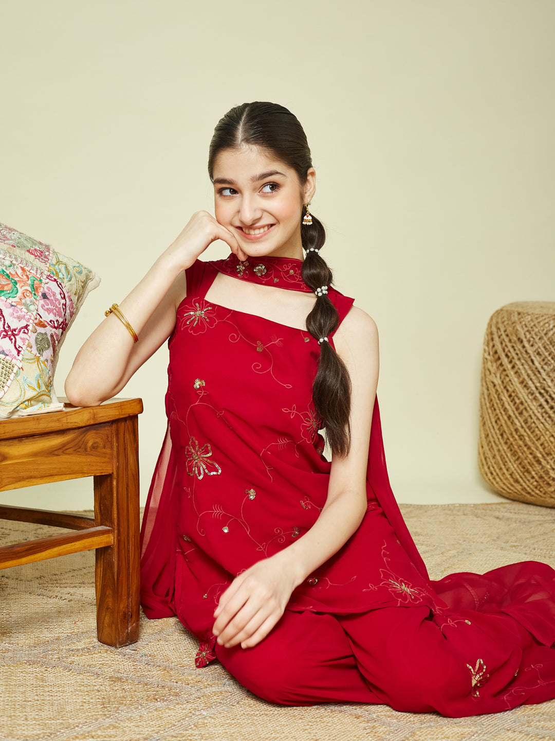 Red Georgette Embroidered Kurta Palazzo & Dupatta Set for Girls