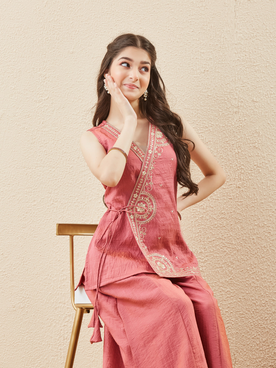 Pink Silk Embroidered Indo-Western Co-Ord Set For Girl