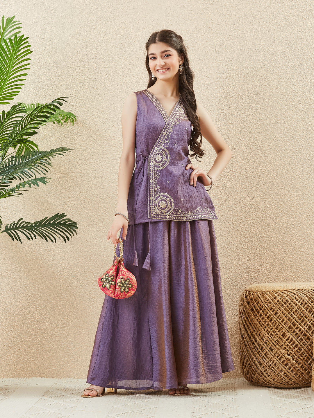 Purple Silk Embroidered Kurta & Palazzo Set For Girl