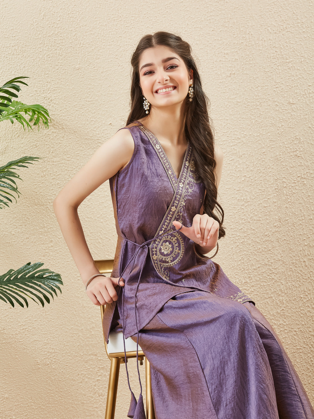 Purple Silk Embroidered Kurta & Palazzo Set For Girl