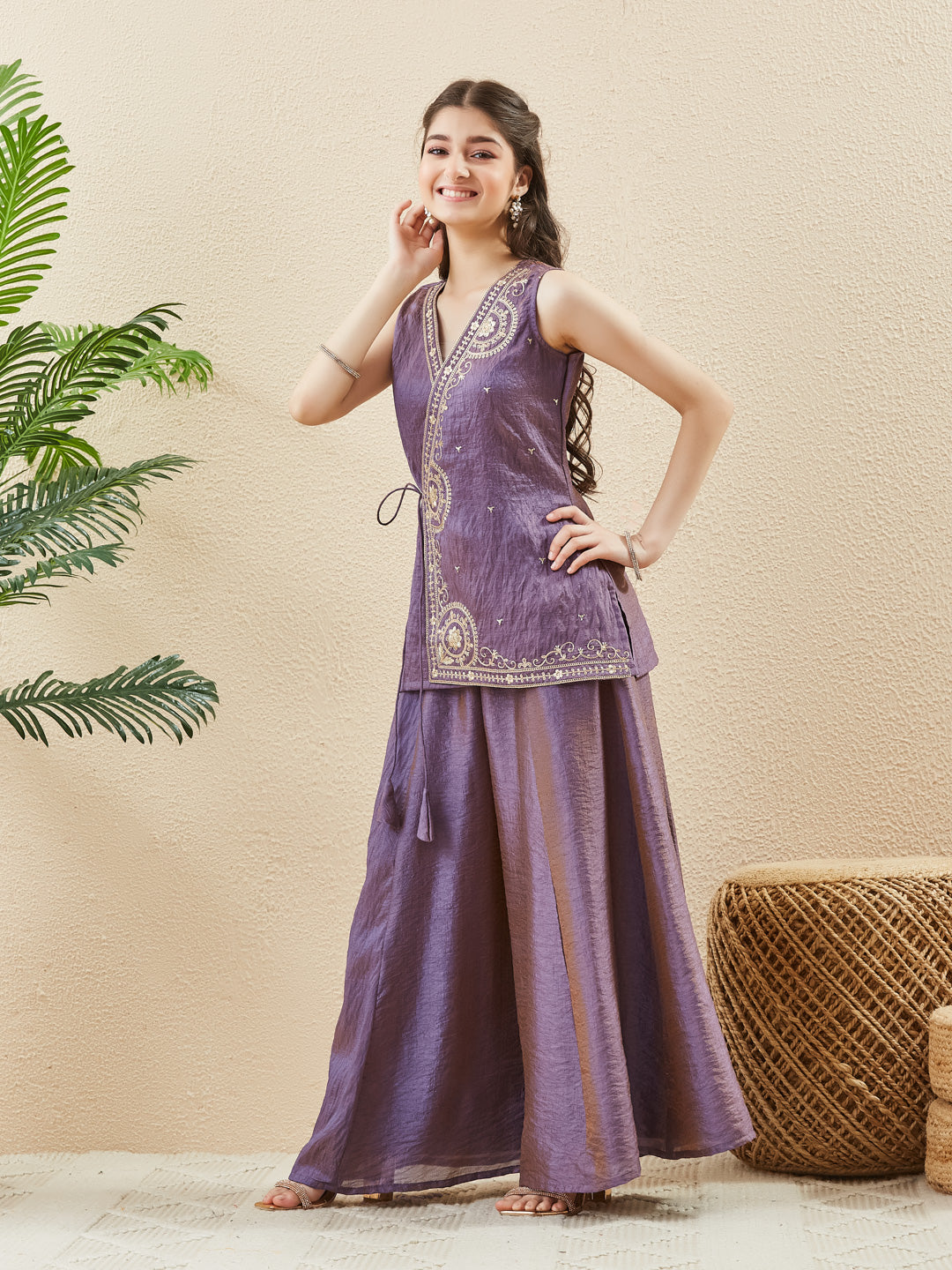 Purple Silk Embroidered Kurta & Palazzo Set For Girl