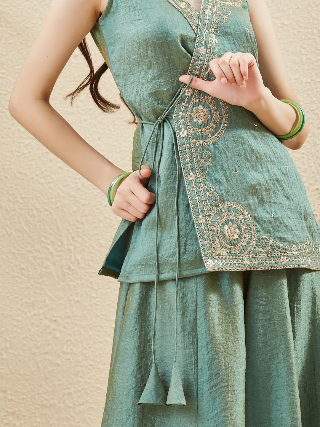 Green Silk Embroidered Ethnic Co-Ord Outfit For Girl