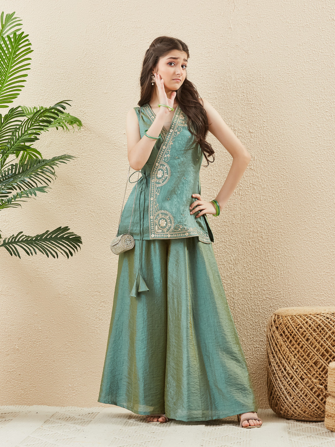 Green Silk Embroidered Ethnic Co-Ord Outfit For Girl