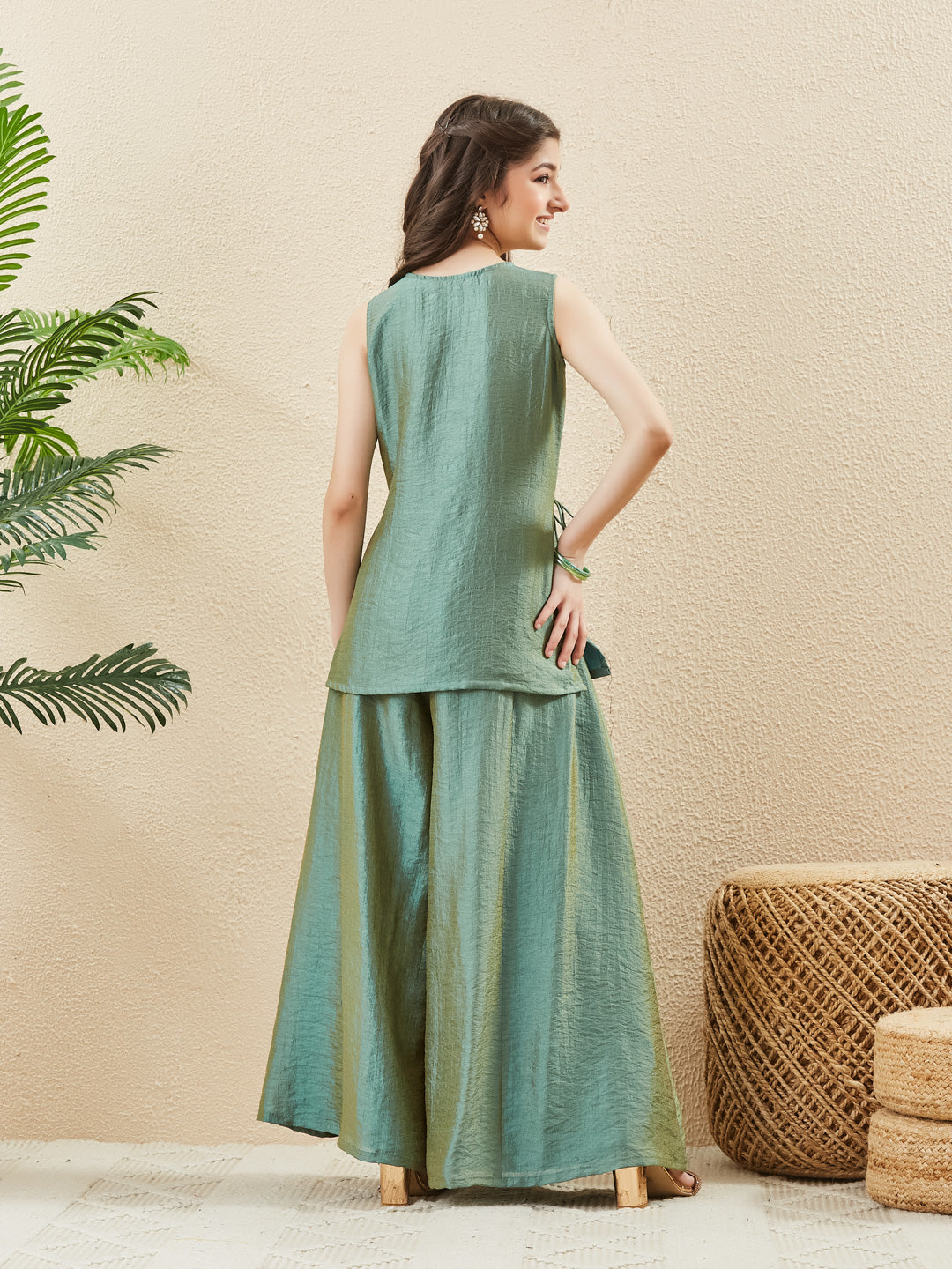 Green Silk Embroidered Ethnic Co-Ord Outfit For Girl