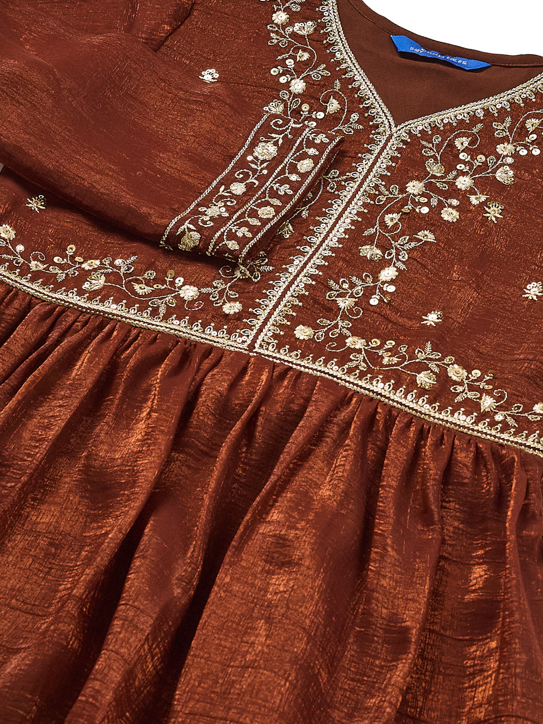 Girls Coffee Silk Embroidered Kurta Sharara Set with Dupatta
