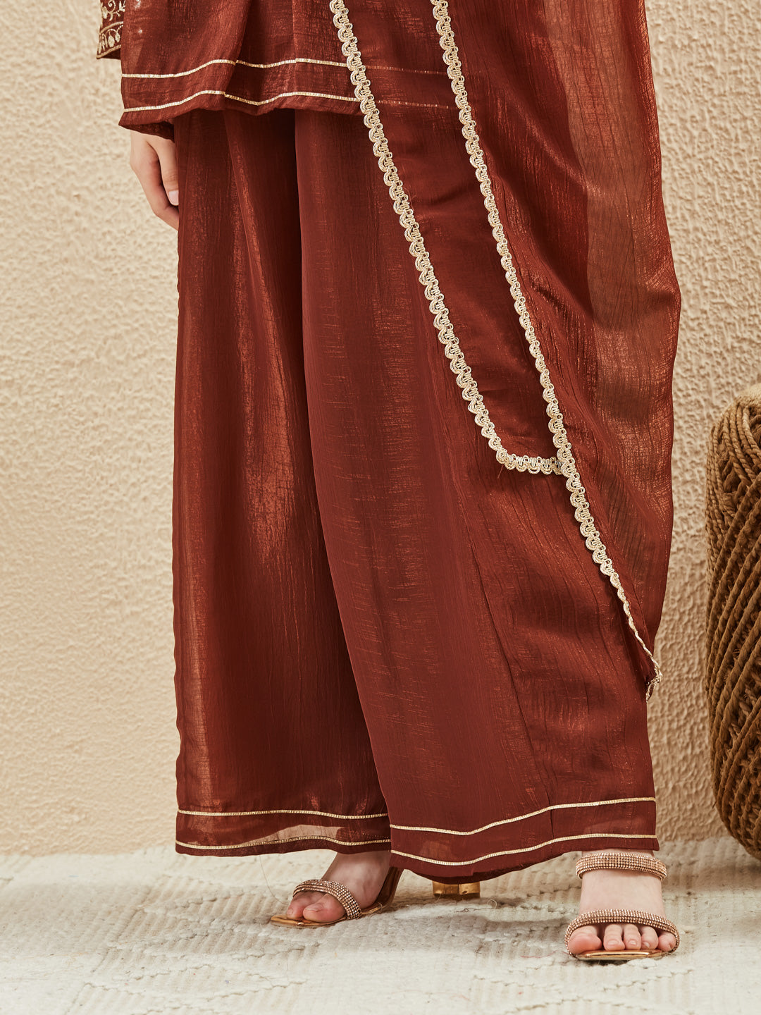 Girls Coffee Silk Embroidered Kurta Sharara Set with Dupatta