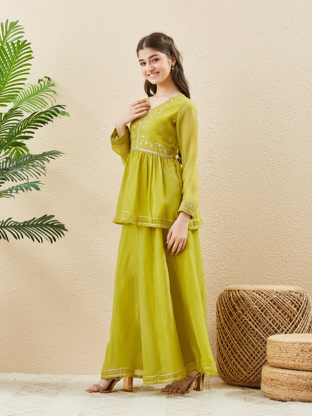 Neon Silk Embroidered Peplum Sharara & Dupatta Set for Girl