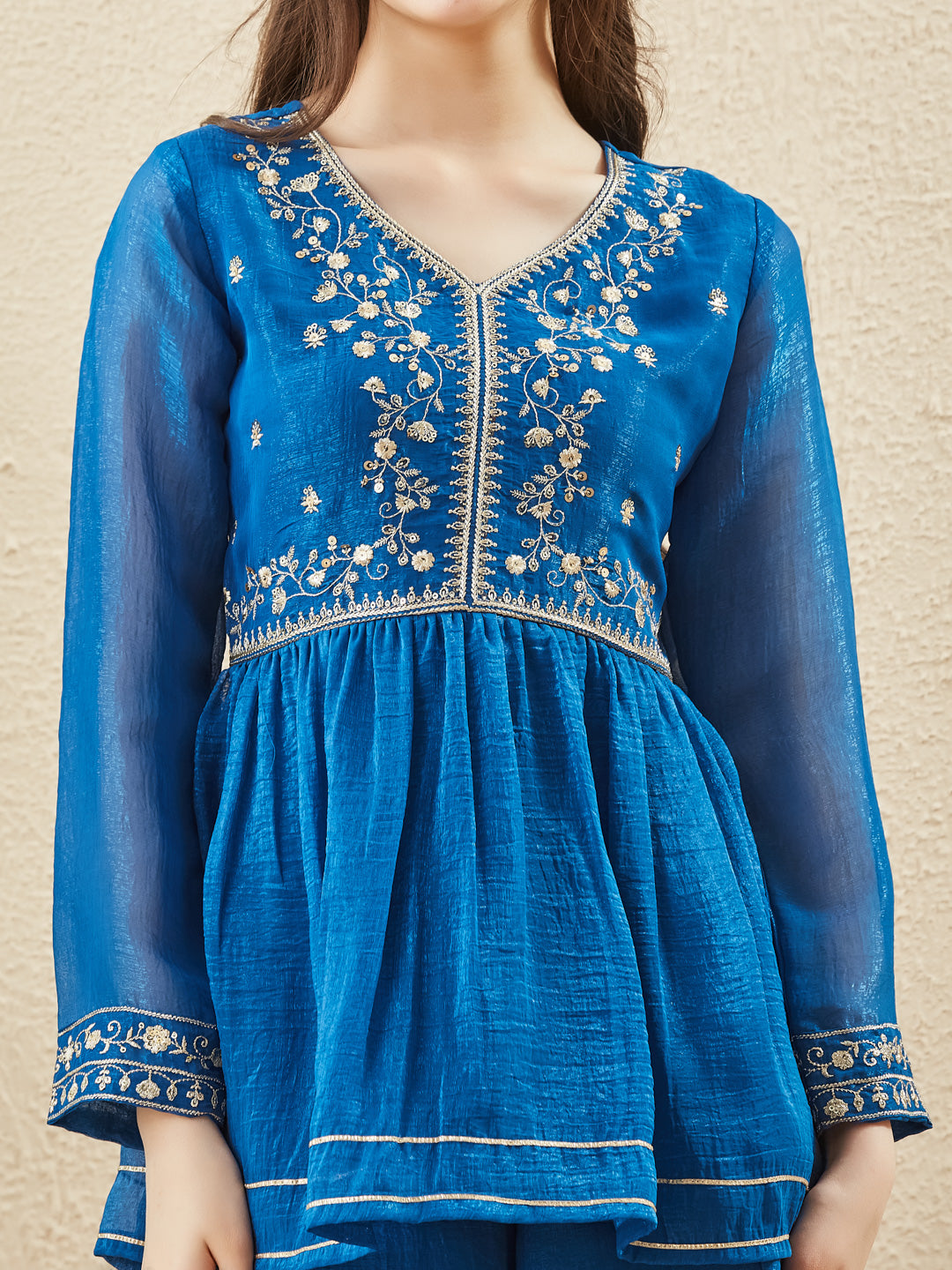 Royal Blue Silk Glow Embroidered Sharara Set For Girls
