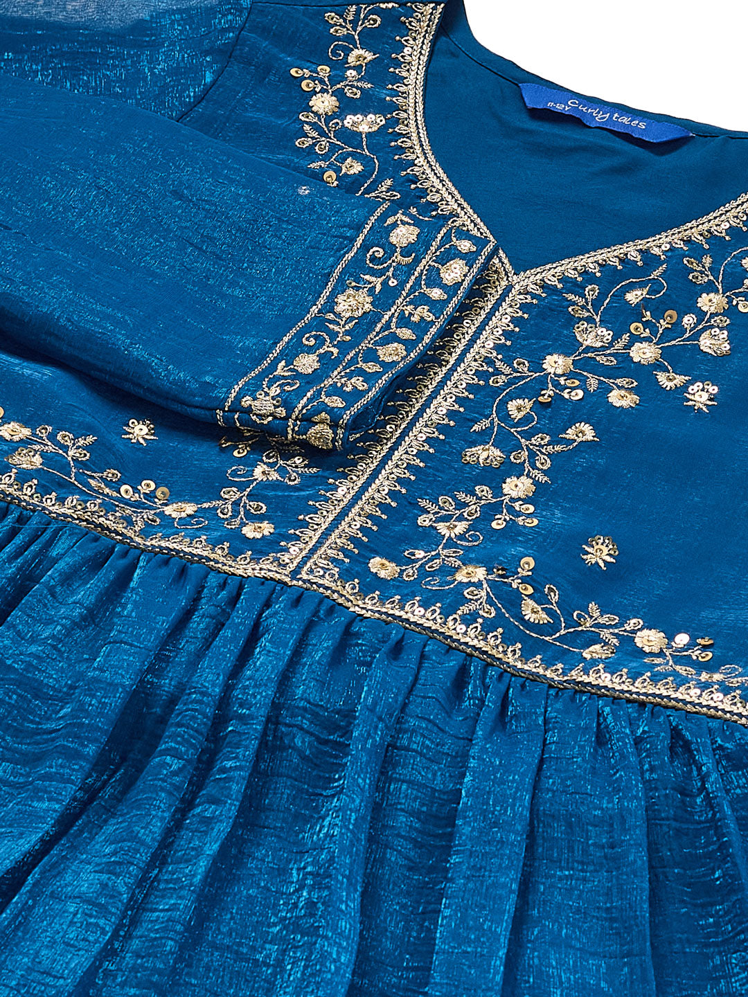Royal Blue Silk Glow Embroidered Sharara Set For Girls