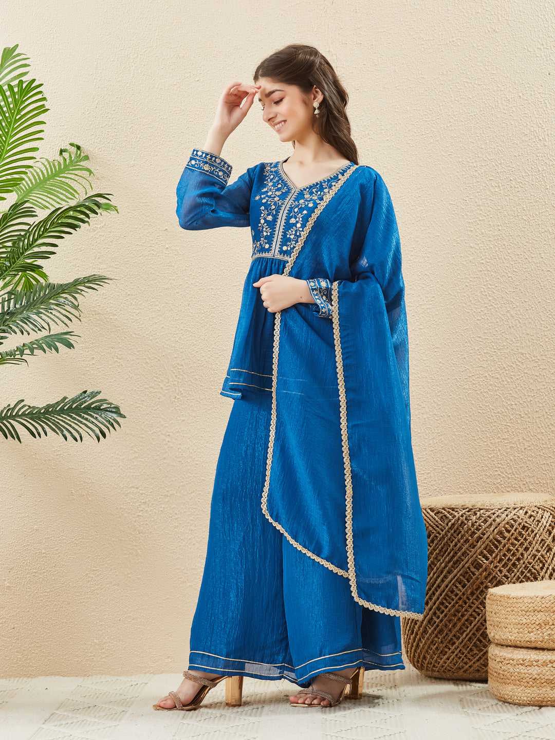 Royal Blue Silk Glow Embroidered Sharara Set For Girls
