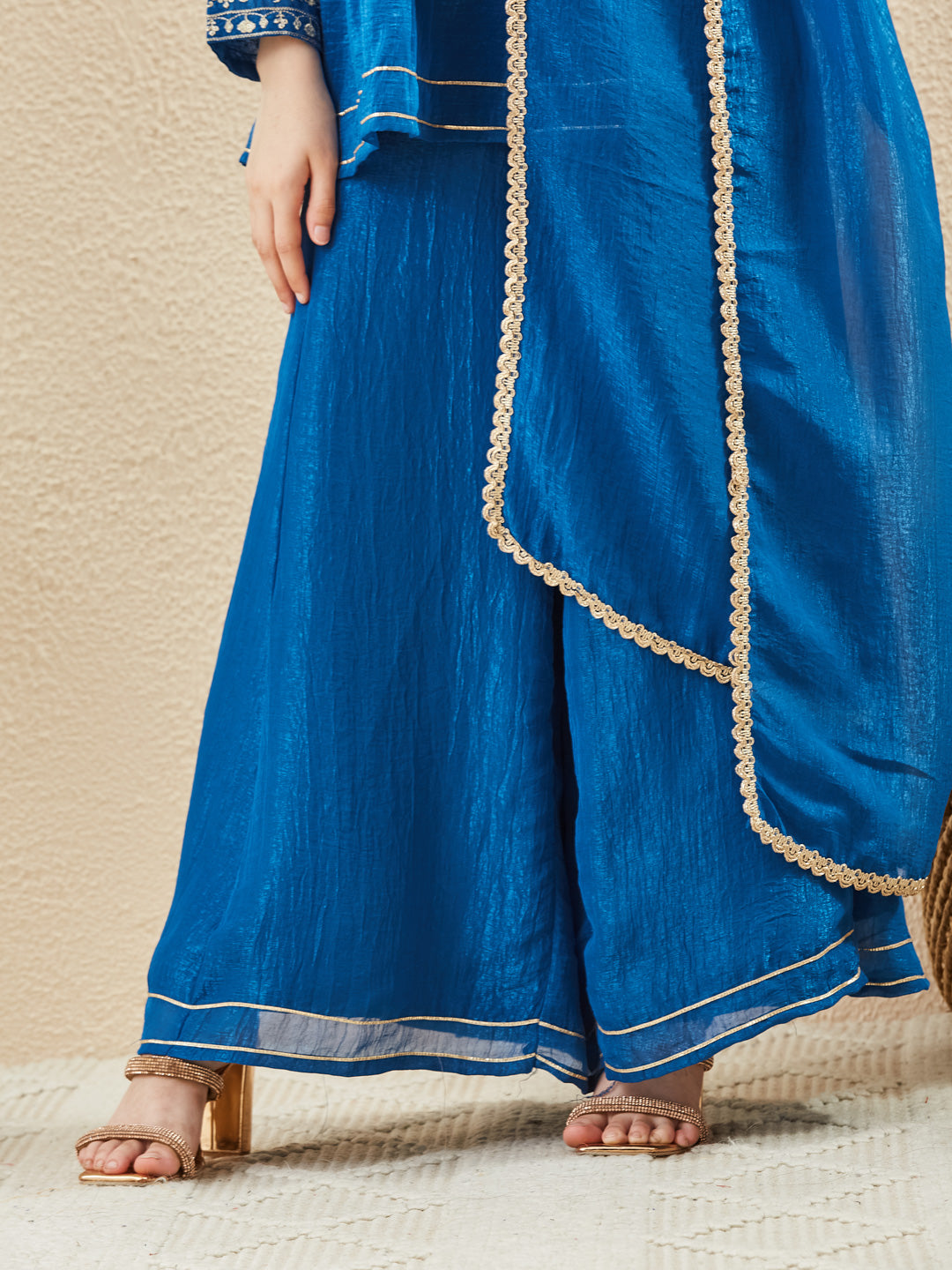 Royal Blue Silk Glow Embroidered Sharara Set For Girls