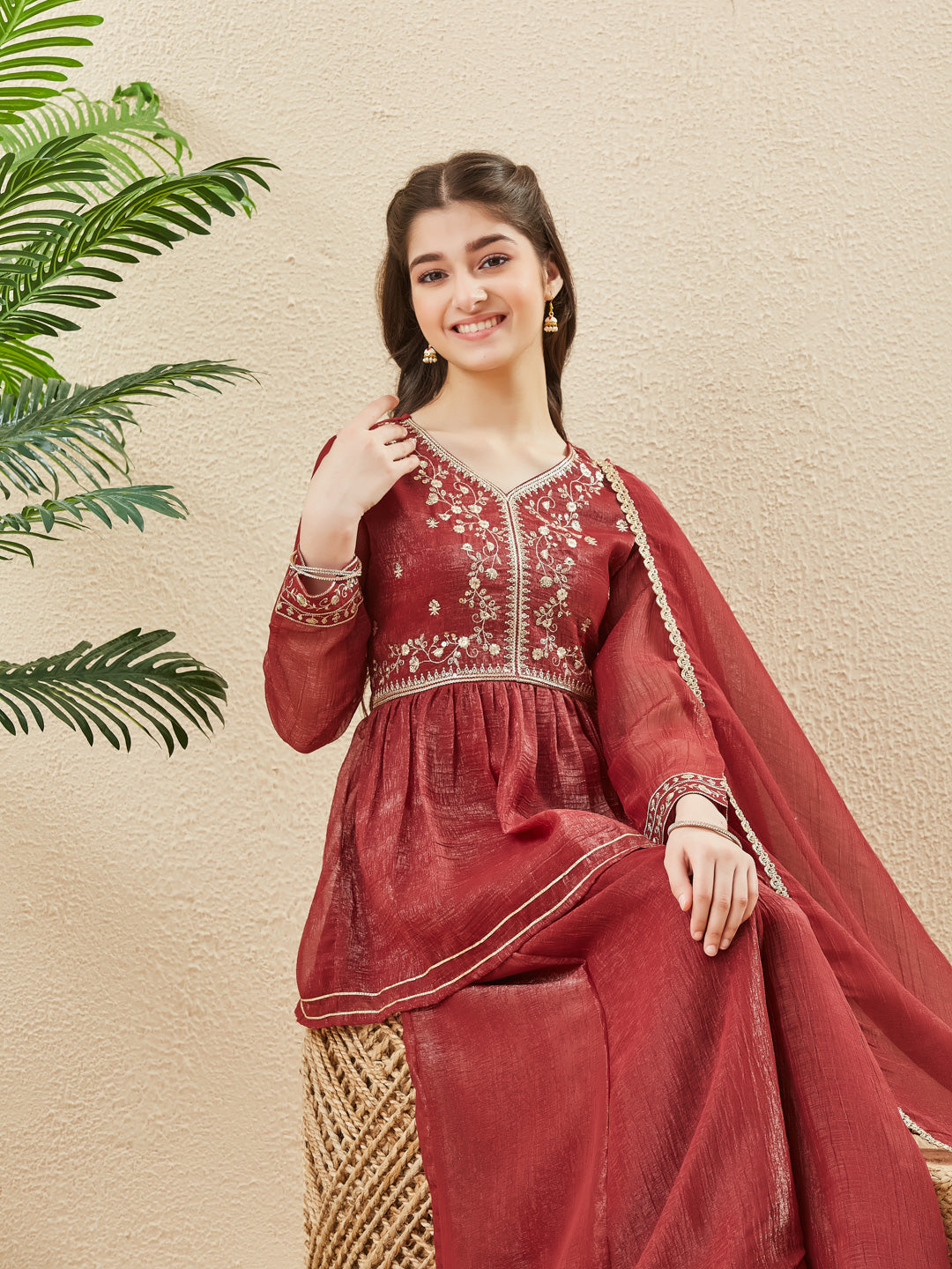 Berry Silk Embroidered Zari Bloom Peplum Kurta Sharara Set For Girl