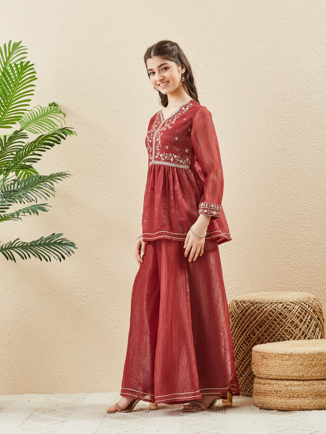Berry Silk Embroidered Zari Bloom Peplum Kurta Sharara Set For Girl