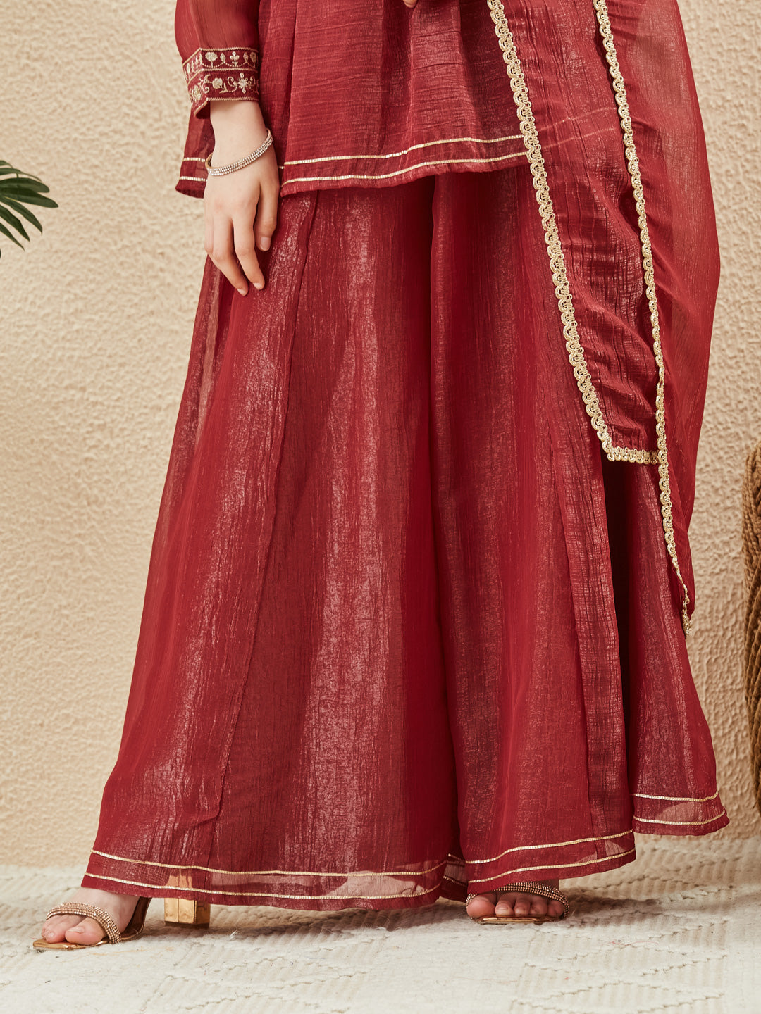 Berry Silk Embroidered Zari Bloom Peplum Kurta Sharara Set For Girl