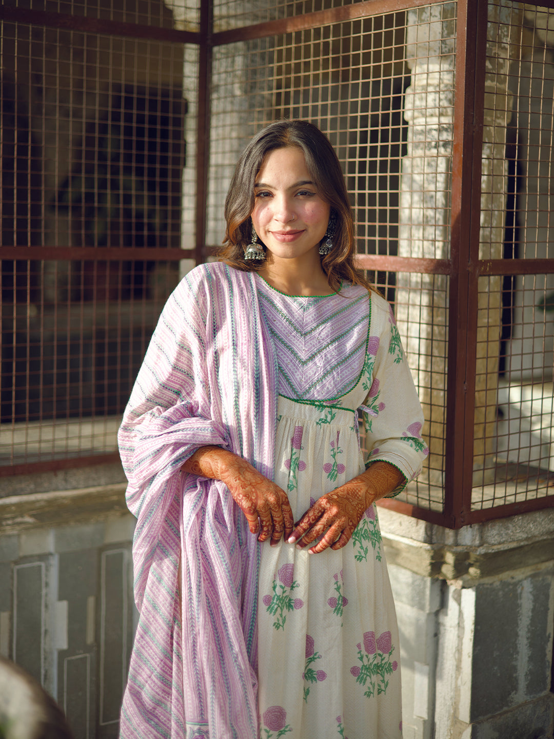 White and Purple Floral Print Cotton Anarkali Kurta With Pants And Dupatta
