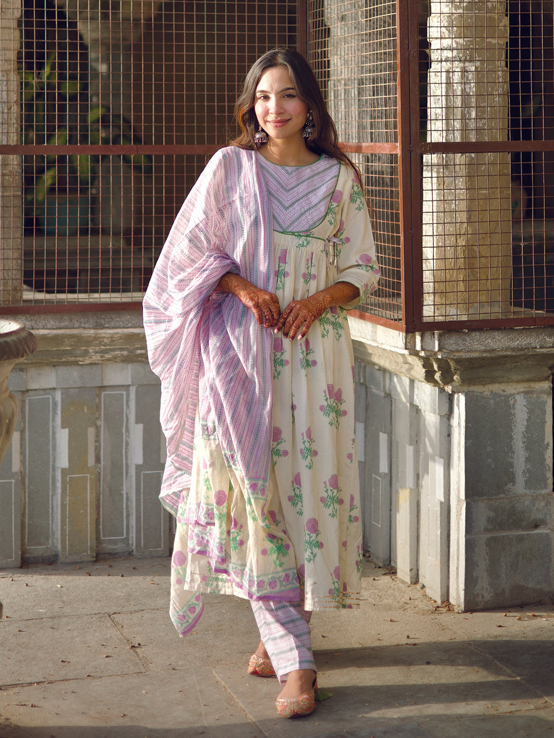 White and Purple Floral Print Cotton Anarkali Kurta With Pants And Dupatta