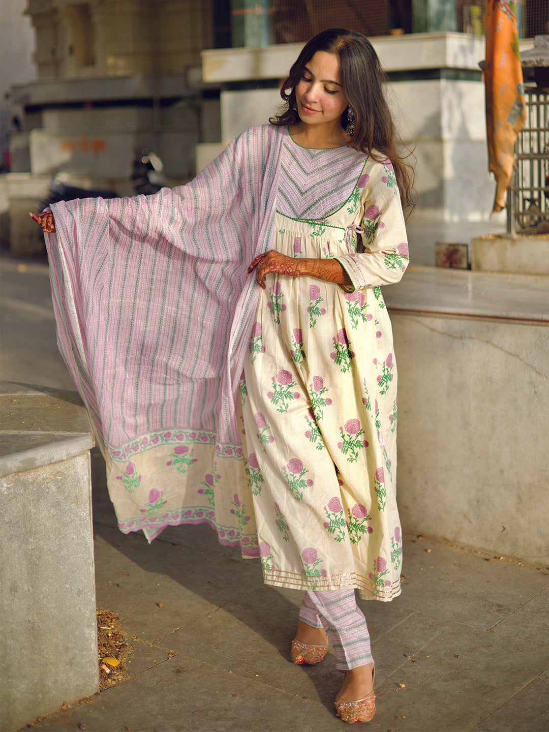 White and Purple Floral Print Cotton Anarkali Kurta With Pants And Dupatta