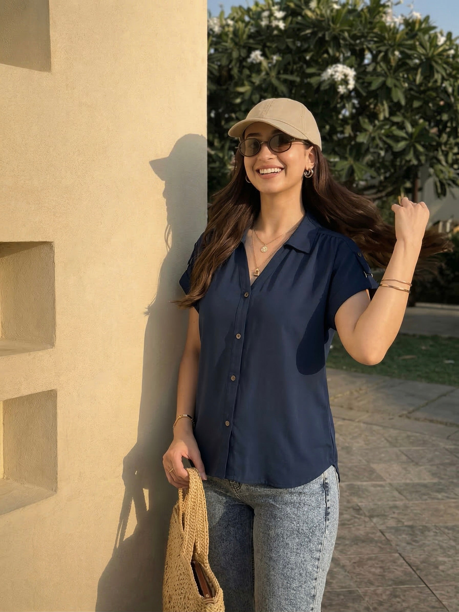 Navy Blue Crepe Casual Wear Shirt for Women