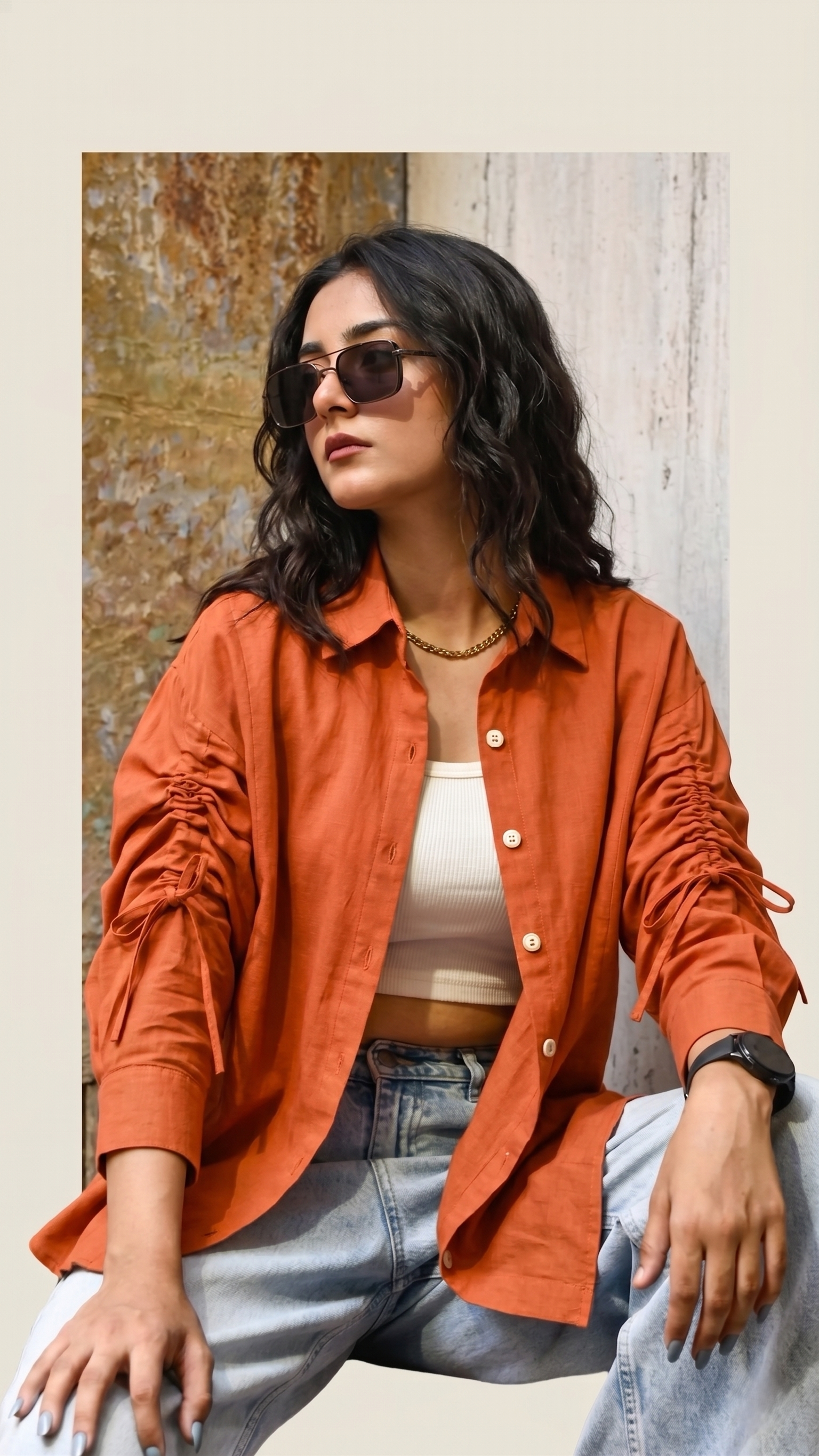 Orange Cotton Casual Shirt with Gathered Sleeve Detail For Women