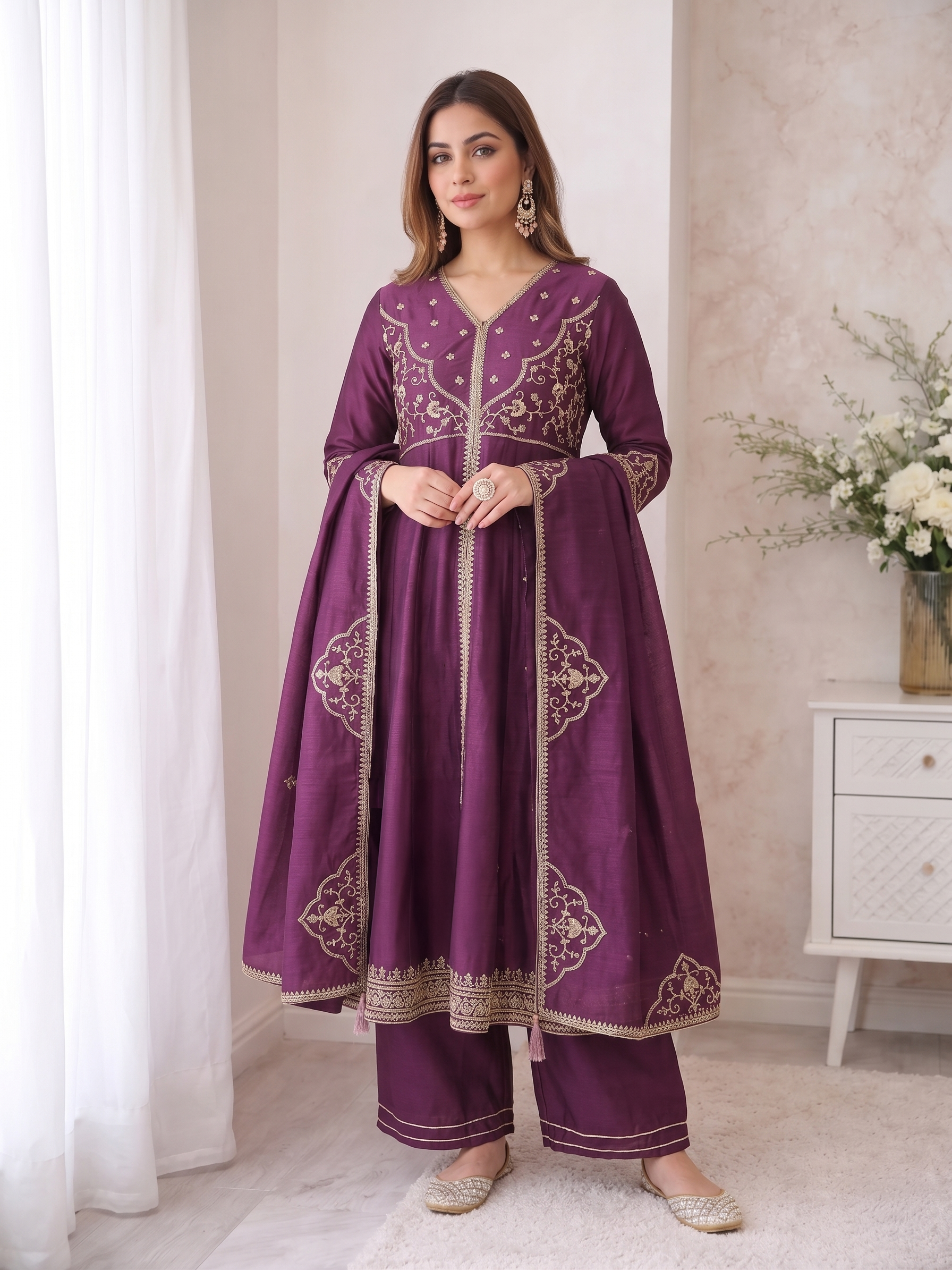 Purple Anarkali Style Embroidered Silk Suit Set With Dupatta for Women